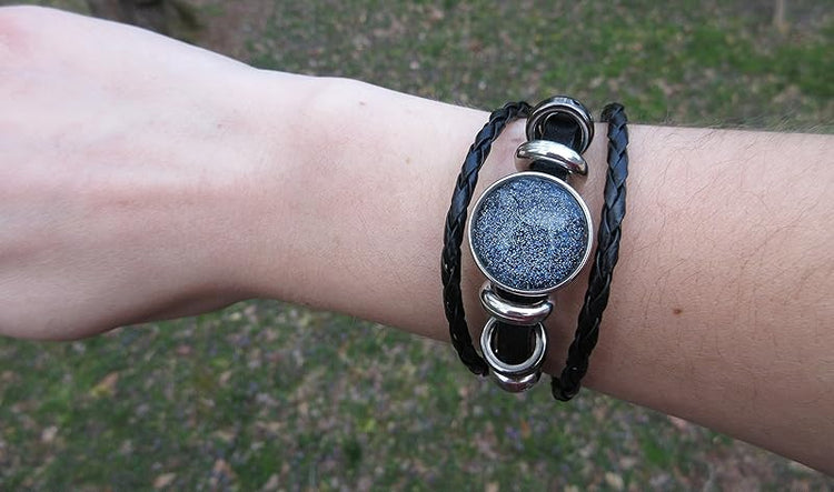 Summerfield Collection Interchangeable Snap Bracelet 3 Charm Set Blue Galaxy Glitter Glass Black Layered Leather