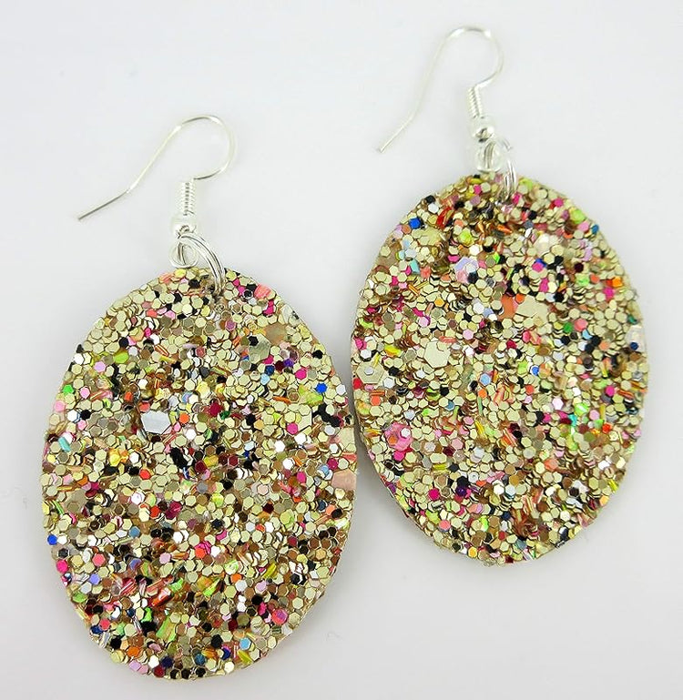Summerfield Collection Silver-tone Glitter Faux Leather Oval Dangle Earrings (Gold and Rainbow)
