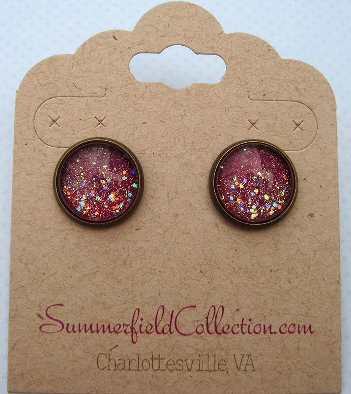 Summerfield Collection Antiqued Gold-tone Plum Berry Purple Glitter Glass Galaxy Stud Earrings 12mm Hand-painted