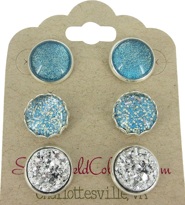 Summerfield Collection Trio Stud Earrings Ocean Blue Glitter Glass Silver Faux Druzy Stone Set 12mm