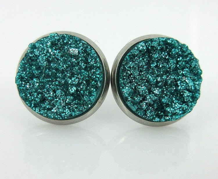 Summerfield Collection Trio Stainless Steel Glitter Faux Druzy Stone Stud Earrings Set (Ocean Blue/Teal/Gold)