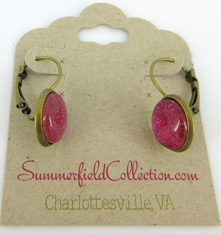 Summerfield Collection Antiqued Gold-tone Hot Pink Glitter Glass Lever-back Drop Earrings Hand-painted