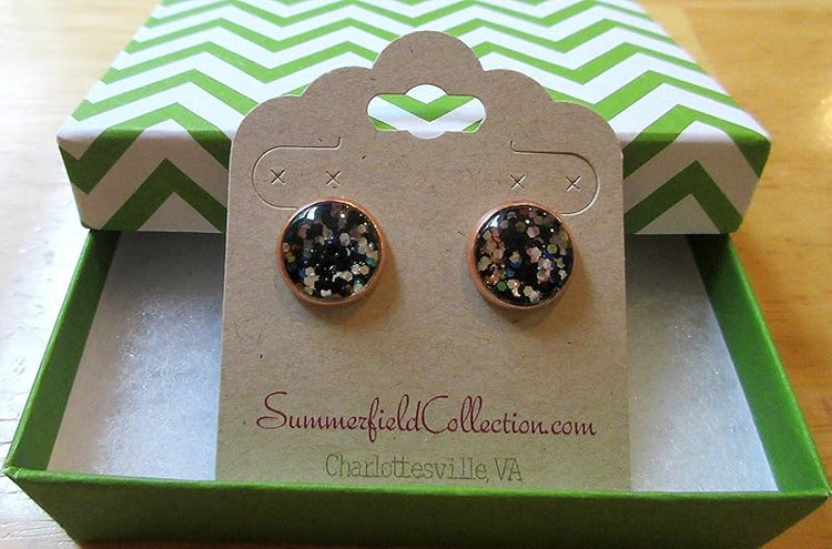 Summerfield Collection Rose Gold-tone Black Meteor Shower Glitter Glass Galaxy Stud Earrings Hand-painted 12mm