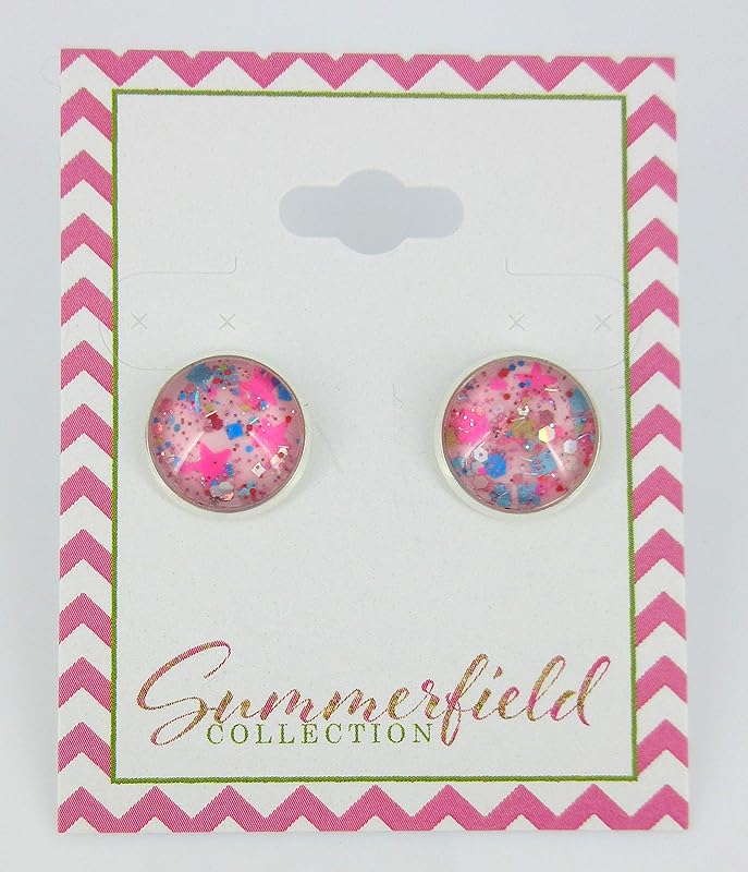 Summerfield Collection Silver-tone Bubblegum Pink Confetti Glitter Glass Stud Earrings Hand-painted 12mm