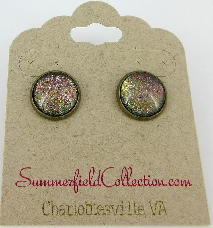 Summerfield Collection Antiqued Gold-tone Rainbow Color-shifting Glitter Flake Glass Stud Earrings