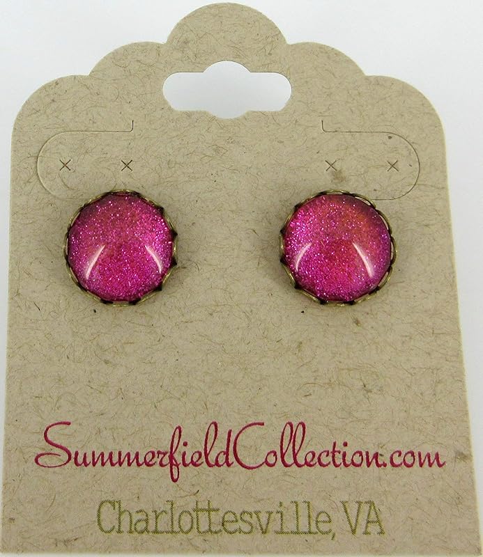 Summerfield Collection Antiqued Gold-tone Bright Pink Glitter Glass Stud Earrings 12mm Hand-painted