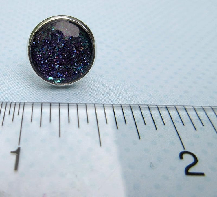 Summerfield Collection Silver-tone Purple and Blue Glitter Glass Stud Earrings Hand-painted 12mm