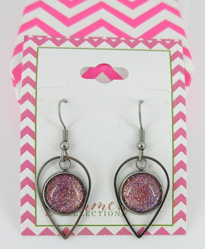 Summerfield Collection Stainless Steel Purple and Pink Glitter Flake Glass Charm Dangle Earrings Handpainted
