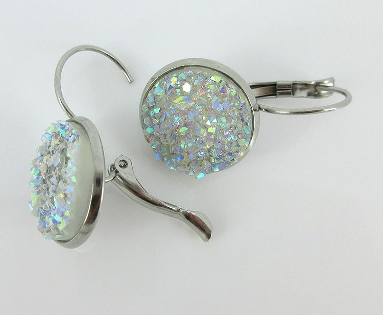 Summerfield Collection Stainless Steel Faux Druzy Stone Lever-back Drop Earrings 14mm (Clear AB)