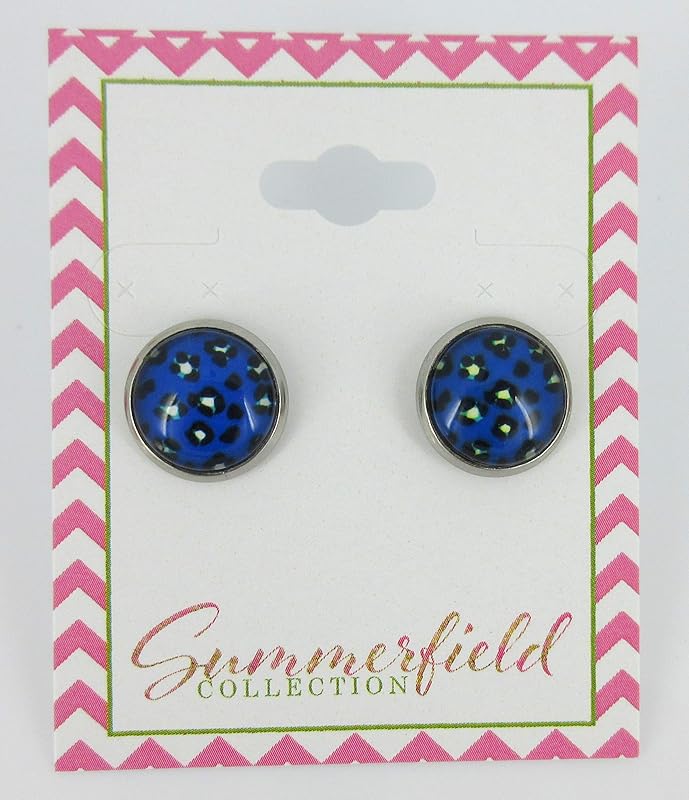 Summerfield Collection Stainless Steel Royal Blue Animal Print Glass Stud Earrings 12mm