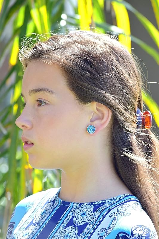 Summerfield Collection Silver-tone Blue Yellow Holographic Glitter Glass Stud Earrings Hand-painted 12mm