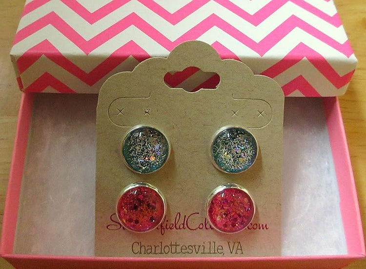 Summerfield Collection Silver-tone Duo Stud Earrings Teal Blue Green and Hot Pink Glitter Glass Set 12mm Hand-painted