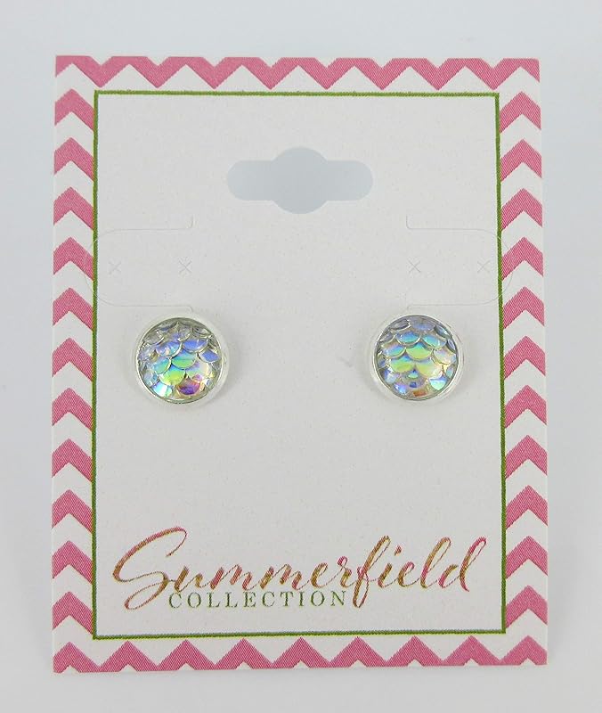 Summerfield Collection Silver-tone Metallic Mermaid Scale Stud Earrings 8mm (Clear AB)