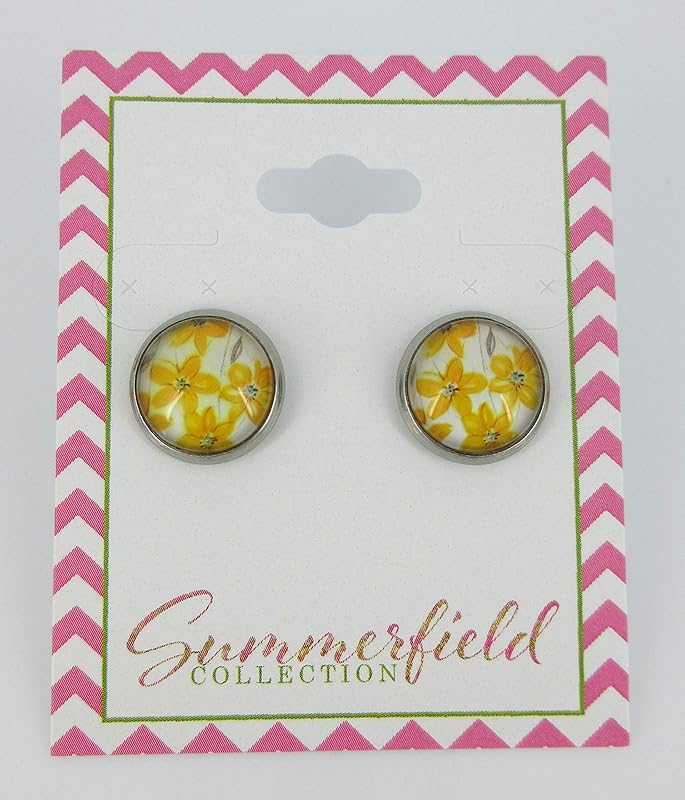 Summerfield Collection Stainless Steel Yellow Flower Print Glass Stud Earrings 12mm