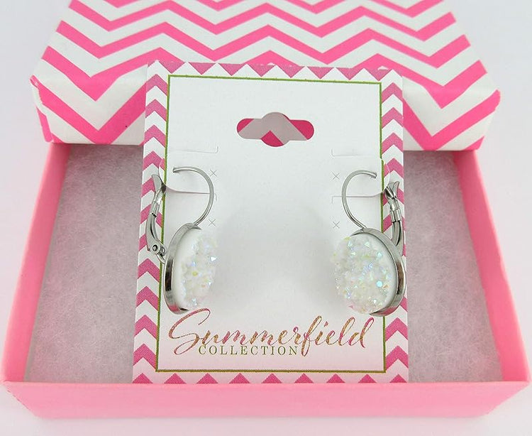 Summerfield Collection Stainless Steel Faux Druzy Stone Lever-back Drop Earrings 14mm (White)