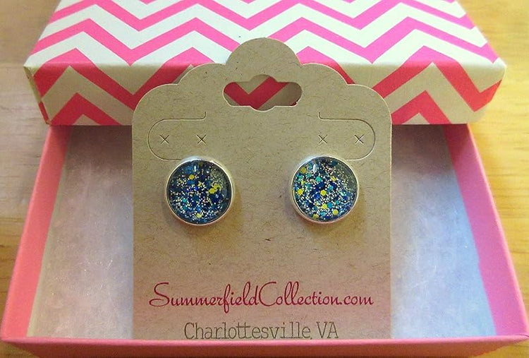 Summerfield Collection Silver-tone Blue Yellow Holographic Glitter Glass Stud Earrings Hand-painted 12mm