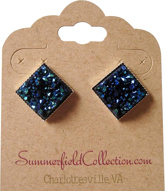 Summerfield Collection Silver-tone Metallic Geometric Square Shaped Chunky Faux Druzy Stud Earrings 12mm Statement (Blue)