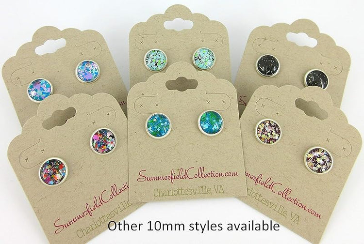 Summerfield Collection Silver-tone Black and Multi-Color Confetti Glitter Glass Stud Earrings Hand-painted 10mm