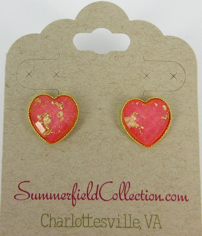 Summerfield Collection Gold-tone Heart Shaped Faceted Resin Leaf Foil Stud Earrings 12mm (Hot Pink)