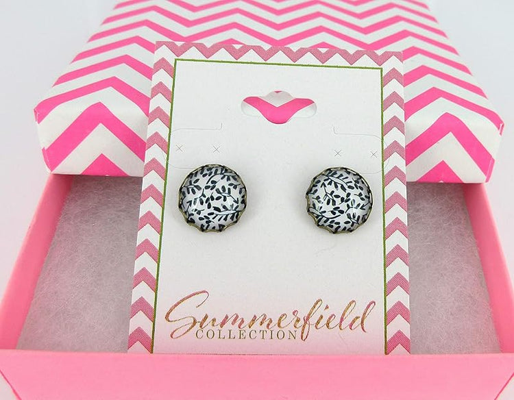 Summerfield Collection Antiqued Gold-tone Off White and Black Flower Print Glass Stud Earrings 12mm