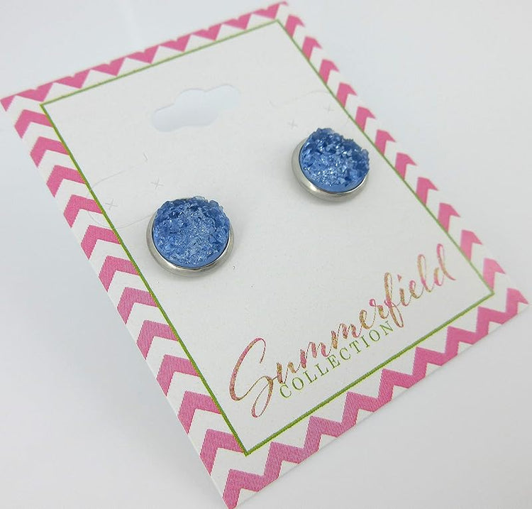 Summerfield Collection Stainless Steel Glacier Blue Faux Druzy Stone Stud Earrings (10mm)