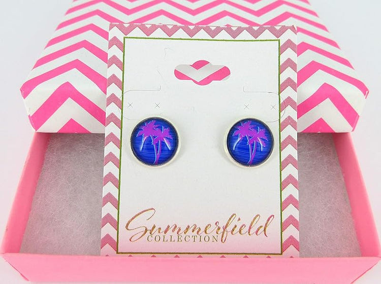 Summerfield Collection Silver-tone Blue and Pink Palm Tree Print Glass Stud Earrings 12mm