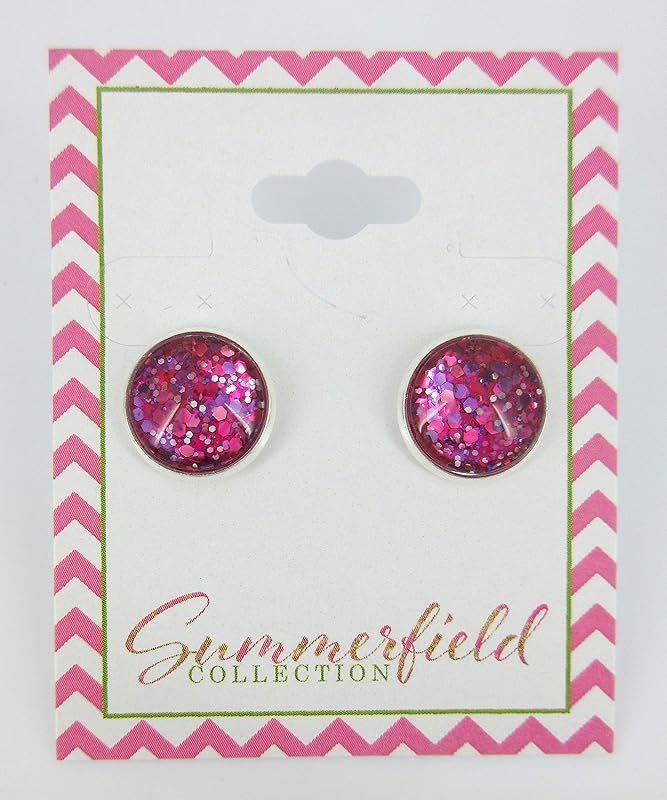 Summerfield Collection Silver-tone Fuchsia Pink and Purple Glitter Glass Stud Earrings Hand-painted 12mm