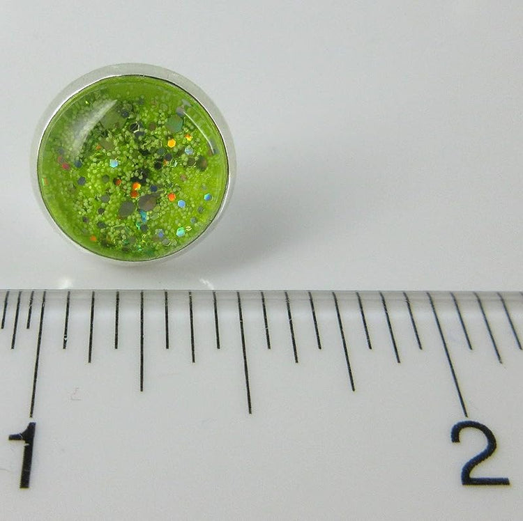 Summerfield Collection Silver-tone Neon Yellow Green Glitter Glass Stud Earrings Hand-painted 12mm