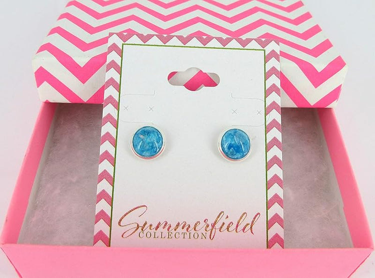 Summerfield Collection Shiny Silver-tone Opalescent Leaf Resin Stud Earrings 8mm (Aqua Blue)