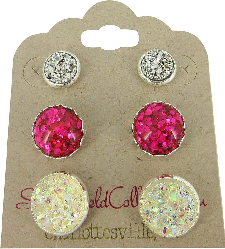 Summerfield Collection Trio Silver-tone Stud Earrings Faux Druzy Stone Clear AB Hot Pink Glitter Resin Set
