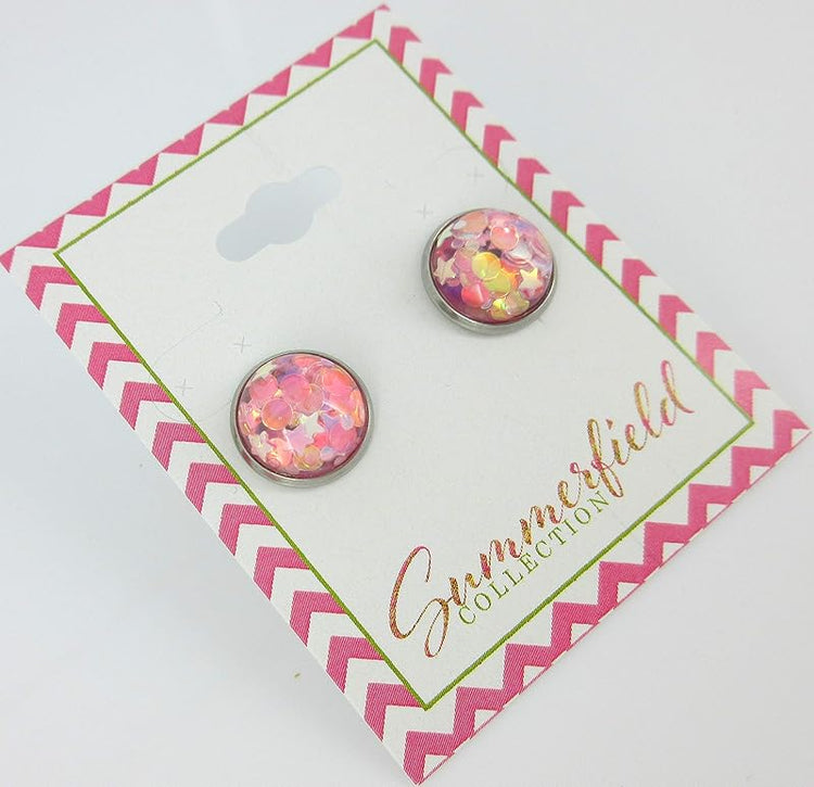 Summerfield Collection Stainless Steel Glitter Resin Globe Stud Earrings 12mm (Medium Pink)