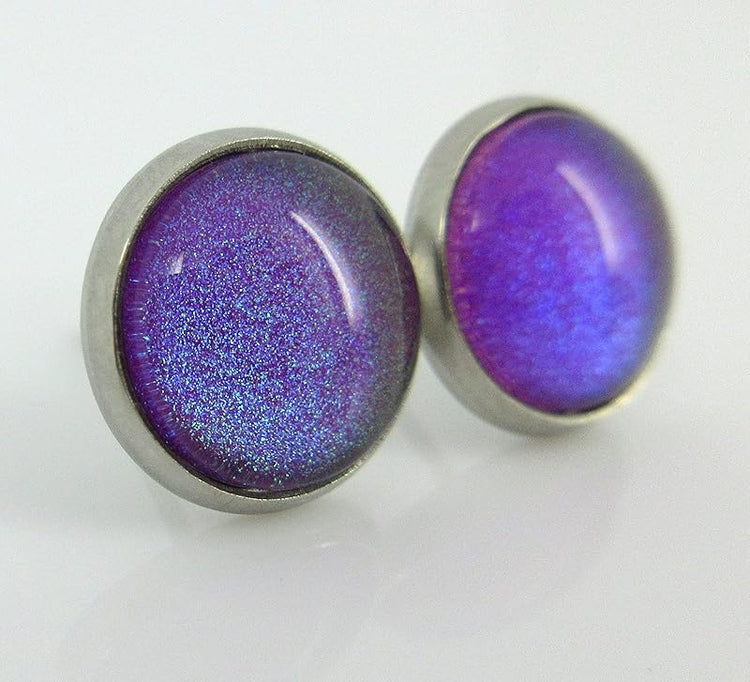 Summerfield Collection Stainless Steel Purple Colorshifting to Green Glitter Glass Stud Earrings Hand-painted 10mm