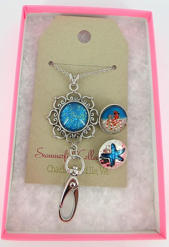 Summerfield Collection Beach Theme - Womens Lanyard Chain - Hearts Pendant w/Clip for IDs, Badges, Keys - Comes w/ 3 Snap Charms