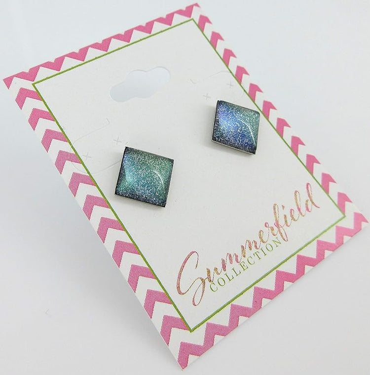 Summerfield Collection Stainless Steel Green and Blue Glitter Glass Stud Earrings Hand-painted Square 10mm