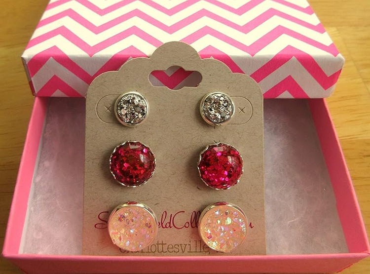 Summerfield Collection Trio Silver-tone Stud Earrings Faux Druzy Stone Clear AB Hot Pink Glitter Resin Set