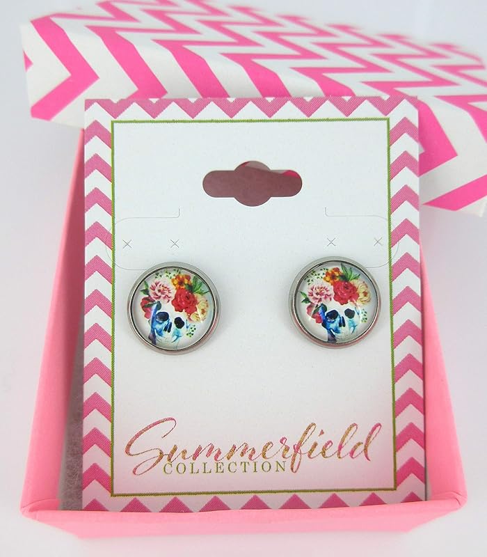 Summerfield Collection Stainless Steel Watercolor Skull with Flowers Printed Glass Stud Earrings 12mm