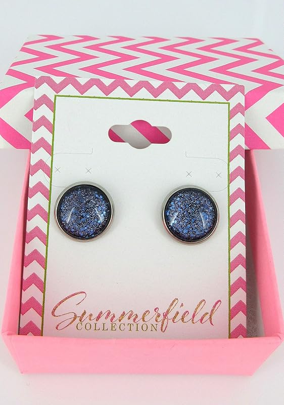 Summerfield Collection Stainless Steel Purple Glitter Glass Galaxy Stud Earrings Hand-painted 12mm