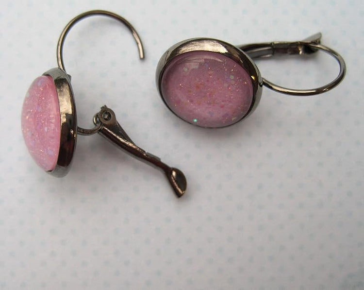 Summerfield Collection Hematite-Tone Lilac Purple Glitter Glass Lever-back Drop Galaxy Earrings Hand-painted