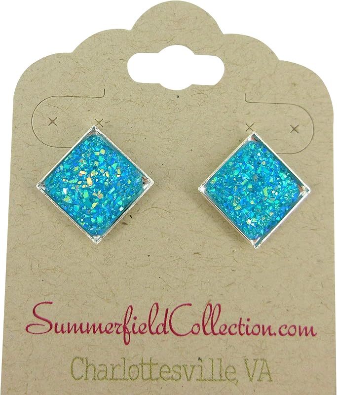Summerfield Collection Silver-tone Geometric Square Shaped Flat Faux Druzy Stud Earrings 12mm (Aqua Blue)