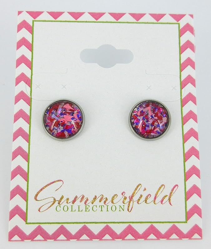 Summerfield Collection Stainless Steel Pink Purple Red Metallic Shard Glitter Glass Stud Earrings Hand-painted 10mm