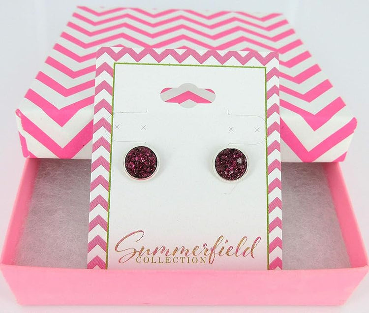 Summerfield Collection Silver-tone Maroon with Pink Glitter Faux Druzy Stone Stud Earrings (8mm)