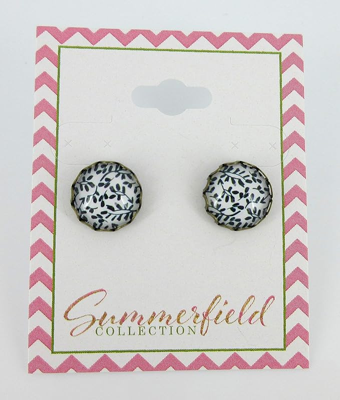 Summerfield Collection Antiqued Gold-tone Off White and Black Flower Print Glass Stud Earrings 12mm