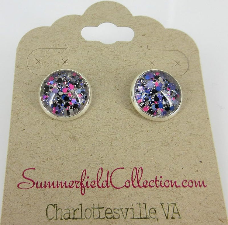 Summerfield Collection Silver-tone Gray Purple Black Neon Pink Glitter Glass Stud Earrings Hand-painted 12mm