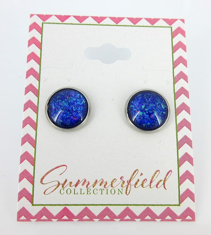 Summerfield Collection Stainless Steel Purple and Blue Holographic Glitter Glass Stud Earrings Hand-painted 12mm