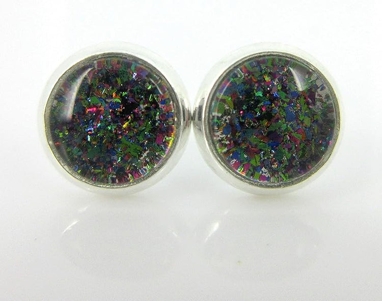 Summerfield Collection Silver-tone Dark Rainbow Glitter Glass Stud Earrings Hand-painted 8mm