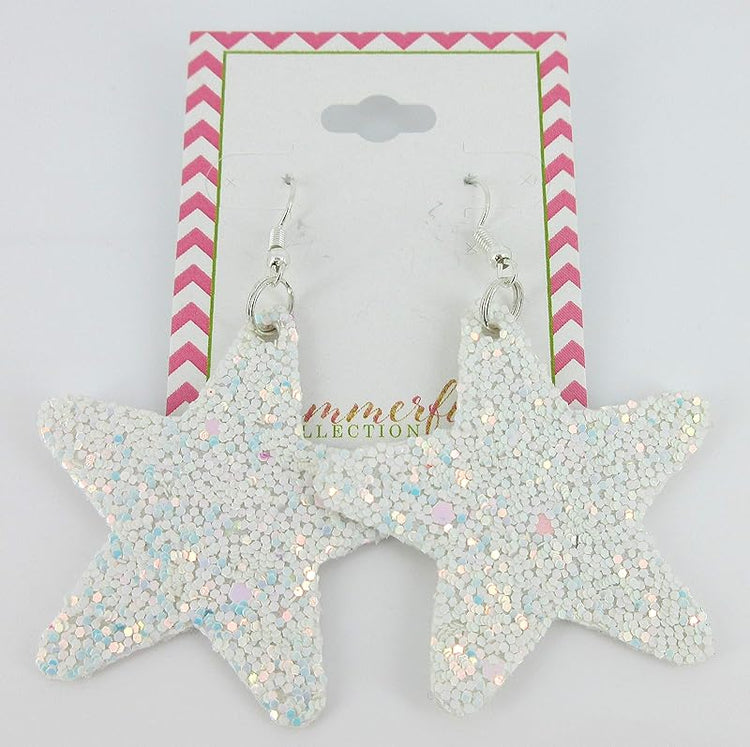 Summerfield Collection Glitter Faux Leather Large Star Dangle Earrings (White with Pink and Lt Blue)
