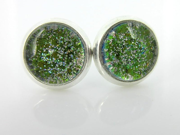Summerfield Collection Silver-tone Green Glitter Glass Stud Earrings Hand-painted 8mm
