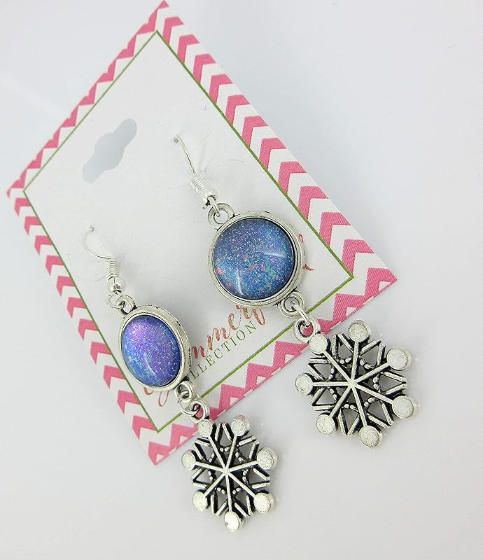 Summerfield Collection Antiqued Silver-tone Blue Purple Glitter Glass Dangle Earrings Snowflake Charm Hand-painted