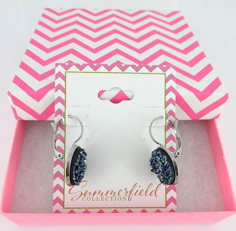 Summerfield Collection Stainless Steel Faux Druzy Stone Lever-back Drop Earrings 14mm (Metallic Blue)