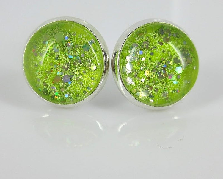 Summerfield Collection Silver-tone Neon Yellow Green Glitter Glass Stud Earrings Hand-painted 12mm